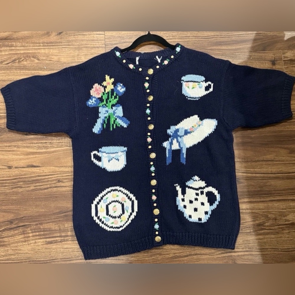 Vintage Eagle’s Eye Tea Party Intarsia Cardigan Teapot Cup Sweater Short Sleeve